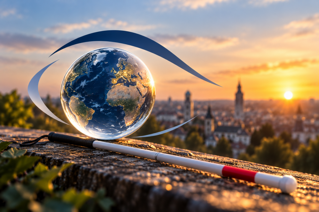 Globe terrestre stylisé comme un œil au-dessus d’une canne blanche, symbolisant l’engagement collectif et Un œil sur le monde