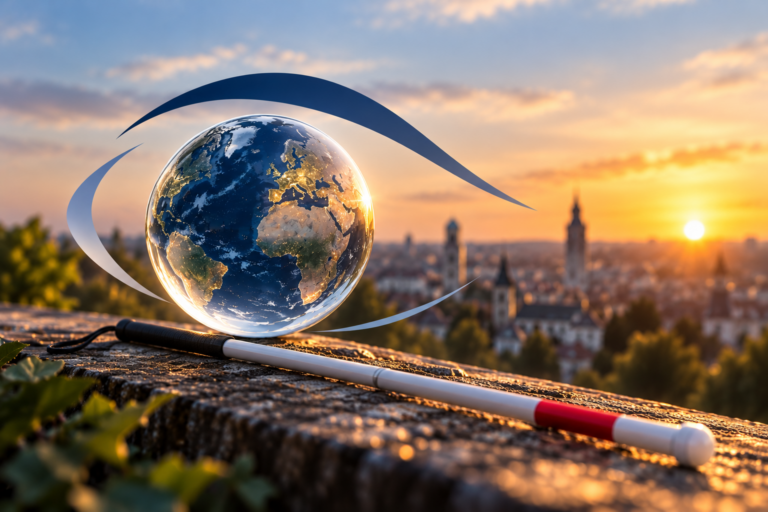 Globe terrestre stylisé comme un œil au-dessus d’une canne blanche, symbolisant l’engagement collectif et Un œil sur le monde