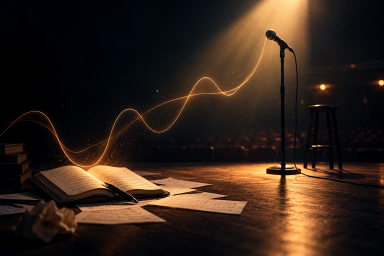 Carnet et feuilles manuscrites sur une scène sombre, reliés par une onde lumineuse à un microphone éclairé