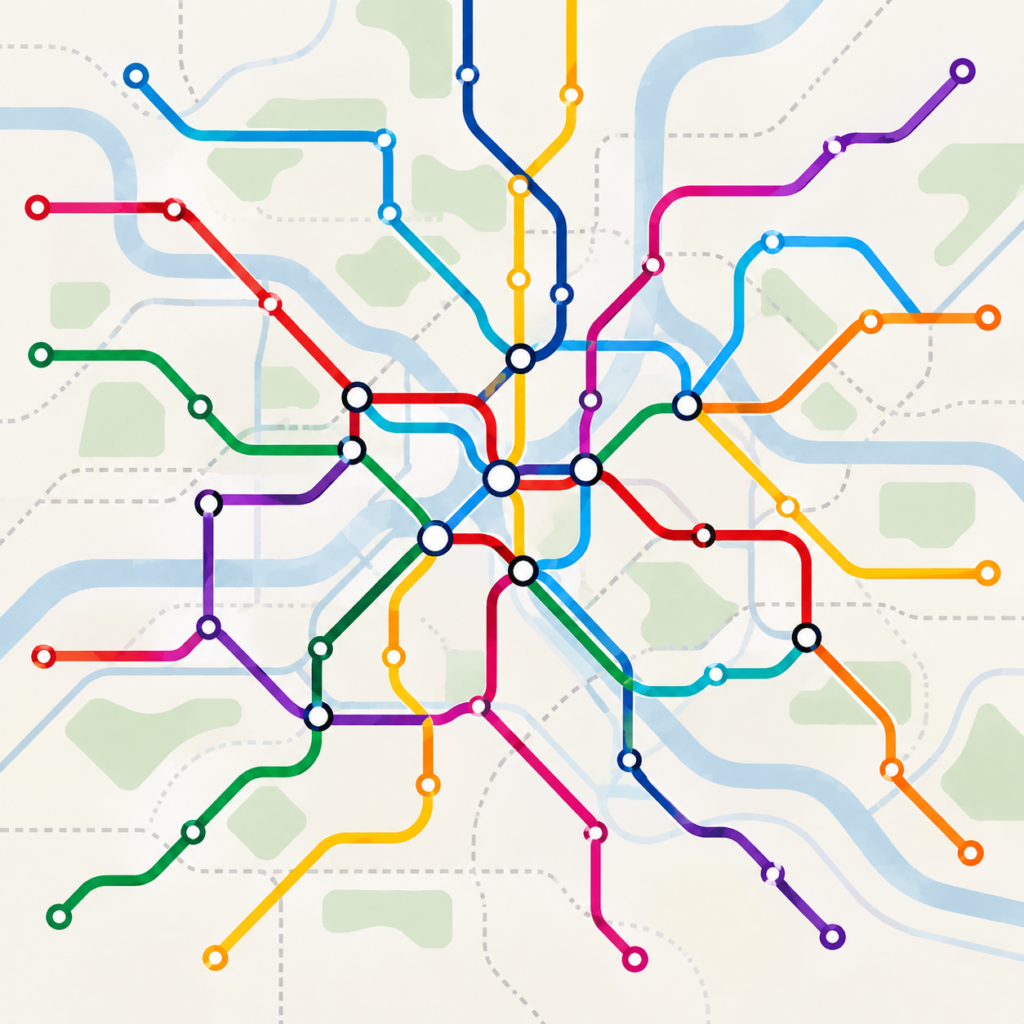Plan de transports fictif sans texte : des lignes de métro multicolores se croisent et se rejoignent à plusieurs stations, symbolisant les liens entre mobilité, accessibilité et santé mentale.